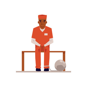 Prisoner in orange suit and legs shackles flat vector illustration isolated.