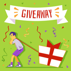 Giveaway banner with man pulling gift bo, flat cartoon vector illustration.