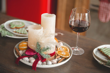 Christmas kitchen decor. Kitchenware on the table. Holiday decorations.
