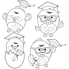 Cute chick students with graduation hats. Vector black and white coloring page