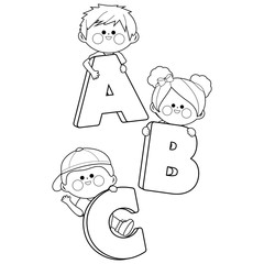 Children at school. Vector black and white coloring page