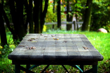 Stół w ogrodzie, jesienny krajobraz - obrazy, fototapety, plakaty