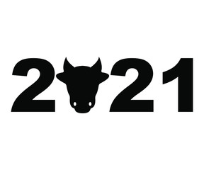 Inscription 2021 and bull black on a white background, sign for design, vector illustration
