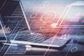 Double exposure of desktop computer and technology theme hologram. Concept of software development.