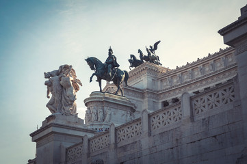 Obraz premium Equestrian statue of Victor Emmanuel II, the first king of a unified Italy, a bronze work by Enrico Chiaradia, located in front of Victor Emmanuel II National Monument at Piazza Venezia in Rome, Italy