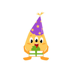 Cute yellow monster in party hat holding birthday present box and smiling