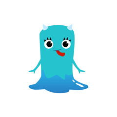 Cute blue water monster with horns showing its tongue - cartoon baby alien