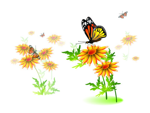 The monarch butterfly sits on a yellow chamomile, daisy or heliopsis flower against a pale meadow background with other flowers and butterflies. Vector illustration for design.