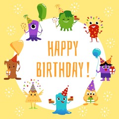 Birthday card or invitation with cute cartoon monsters flat vector illustration.
