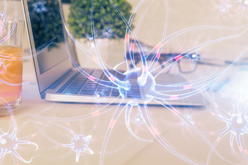 Desktop computer background and neuron drawing. Double exposure. Education concept.