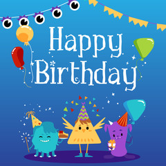 Fototapeta premium Happy Birthday greeting card with cute cartoon monsters holding gifts