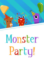Obraz premium Monster party invitation card design flat cartoon vector illustration.