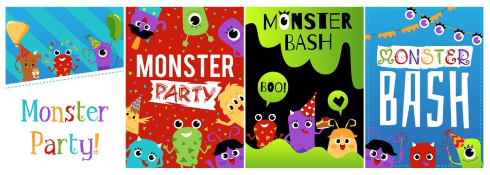 Monster bash party cards or banners set flat cartoon vector illustration.