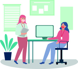 2 women worker with medical mask are working in the office