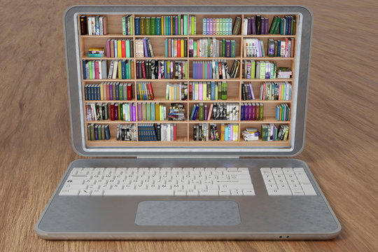 Libreria, con tanti libri, all'interno di computer portatile. Ebook, libri elettronici, in download disponibili su dispositivo informatico portatile..