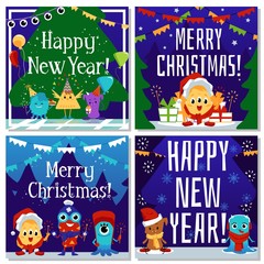 Christmas card with cute funny cartoon monsters set flat vector illustration.