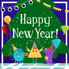 New Year greeting card with characters of monsters flat vector illustration.