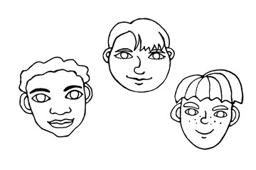 Set of Outline people faces . Hand drawn heads of a man, woman, kid, boy or girl in the style of a Doodle, isolated on a white background. Different and beautiful
