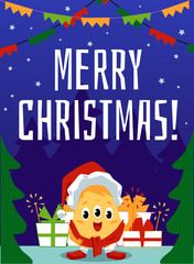 Fototapeta premium Merry Christmas inscription and monster on greeting card vector illustration.
