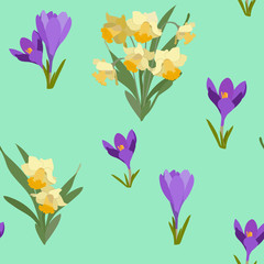 Seamless vector spring illustration with crocuses and narcissus
