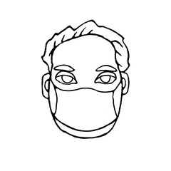 Human in medical mask protect against infection, virus. Hand drawn black outline illustration in doodle style on theme of quarantine, self-isolation times and coronavirus prevention