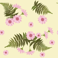 Seamless vector illustration with daisies and fern leaves