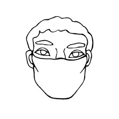 Human in medical mask protect against infection, virus. Hand drawn black outline illustration in doodle style on theme of quarantine, self-isolation times and coronavirus prevention