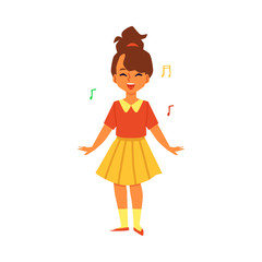 Cute little school age girl singing, flat vector illustration isolated.