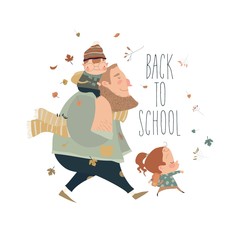 Father with his happy kids going to the school