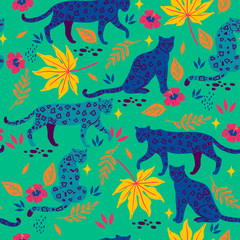 Obraz premium Seamless pattern with tropical leaves and leopards.Vector graphics.