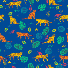 Fototapeta na wymiar Seamless pattern with tropical leaves and leopards.Vector graphics.