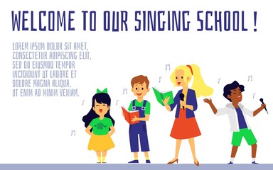 Singing school banner with singing children flat vector illustration isolated.