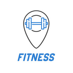 Concepto gimnasio. Logotipo Fitness con barra con pesas en puntero lineal en gris y azul