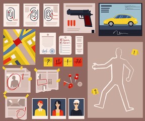 Crime scene detective board with criminal evidence, fingerprints