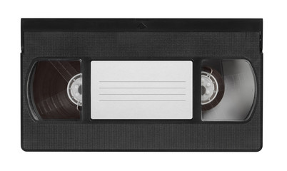 old video cassette tape with blank label top view isolated on white
