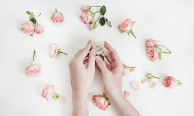 Woman hands holding floral natural soap bar, with flowers on white background. Natural cosmetic. Top View, flat lay