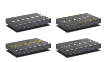 Side view of Asphalt straight street road way of lanes with lines isolated on white background. (Clipping path)