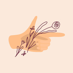 Vector illustration of hand holding pistol with flowers. Flat and line art isolated. Trend, fashionable minimalism, t-shirt print, sticker, print, logo. Beautiful palm shows pistol gesture