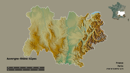 Auvergne-Rhône-Alpes, region of France, zoomed. Relief