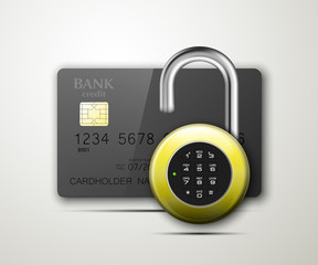 Credit card safe combination lock. Protection credit card. Safety badge banking. Defense finans. Security Plastic card software. Debit card electromagnetic chip Privacy Electronic money funds transfer