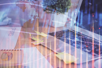 Multi exposure of forex chart and work space with computer. Concept of international online trading.