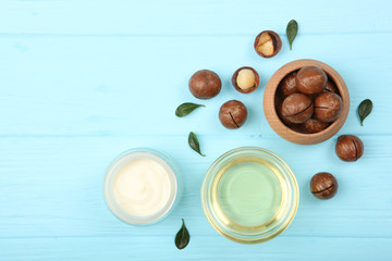 cosmetics with macadamia oil on the table

