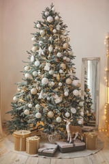 Christmas tree background. Closeup still of spurs with handmade decor. New year interior