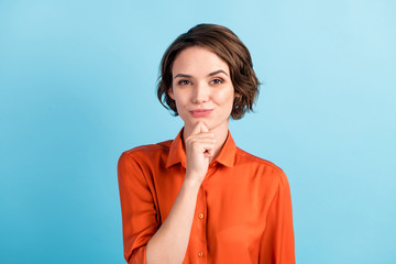 Closeup photo of pretty cunning lady bob hairdo good mood hold arm finger on chin intelligent cruel...