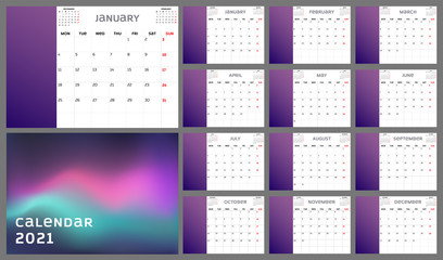 2021 calendar planner with Northern lights cover, basic design template. The week starts on Monday. Set of 12 months, vector illustration EPS 10