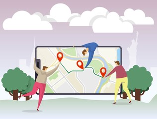 Characters people navigation flat in cartoon style. People character business navigation set. Social phone media web banner. Business trip. Landing minimal concept, flat cartoon style illustration