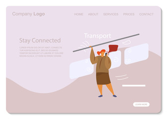 White Woman Stay Connected stand Transport. Social Network Landing Page Template. Young Man Flat Characters Chatting use Smartphone Website Web Page. Virtual Communication banner. Flat illustration