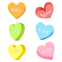 Multiple heart shapes and perspective illustration with love and kisses word. Clipart, isolated on white background. Vector illuatration. Web design, Flat icon, Applications, games, sticker and more.
