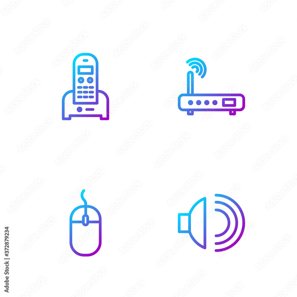 Poster set line speaker volume, computer mouse, telephone and router and wi-fi signal. gradient color icons