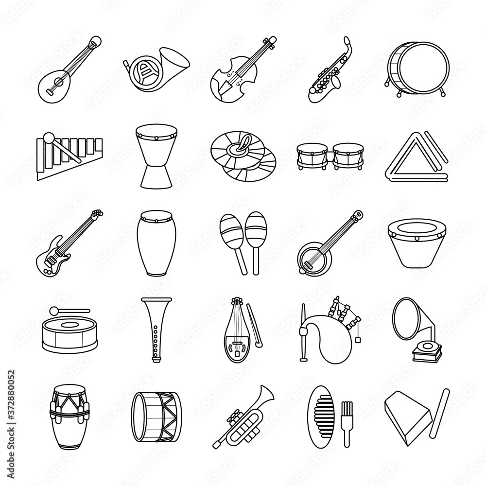 Poster bundle of twenty five musical instruments set icons